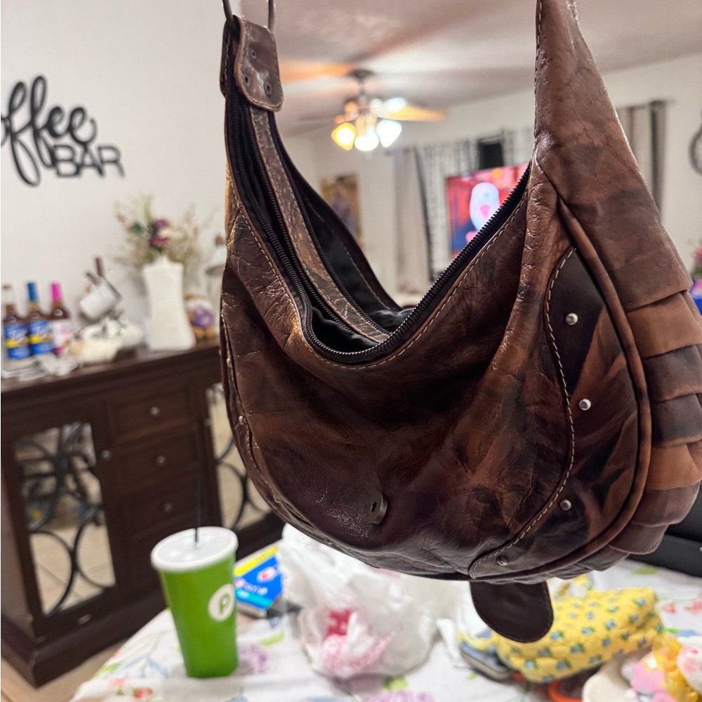 Distressed Brown Leather Hobo Bag